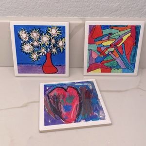 SALE Set of 3 hand colored tiles